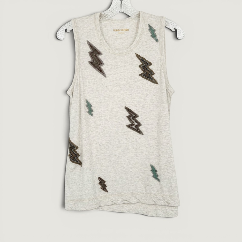 Zadig & Voltaire Zen Metallic Embroidery Lightning Bolt Tank Top Gray Silver S